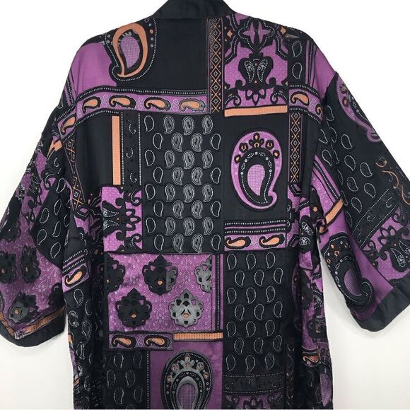 DEX Black Purple Paisley Pattern Semi Sheer Kimono Duster Tunic Cardigan - Picture 6 of 16
